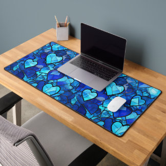 SHADES OF BLUE STAINED GLASS LOOK HEARTS DESK MAT