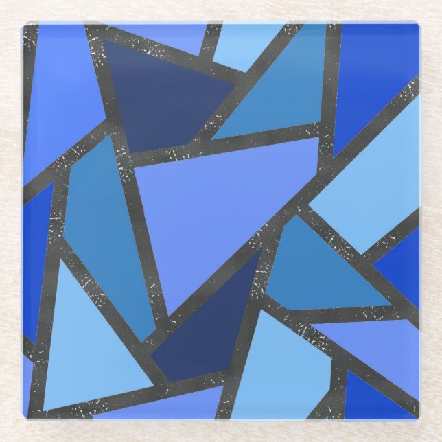Shades of blue stained glass pattern glass coaster (Front)