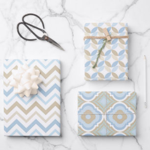 SHADES OF BLUE & TAN PATTERNS WRAPPING PAPER SHEET