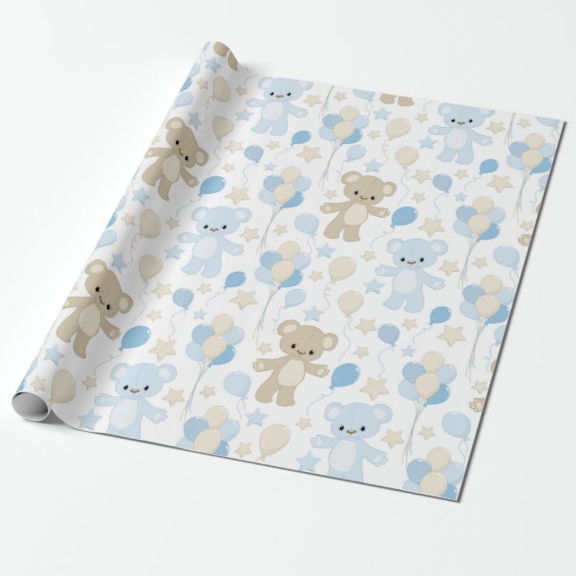 SHADES OF BLUE & TAN TEDDY BEARS & BALLOONS WRAPPING PAPER (Unrolled)