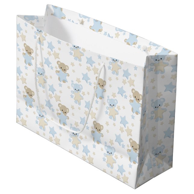 SHADES OF BLUE & TAN TEDDY BEARS & STARS LARGE GIFT BAG (Front Angled)