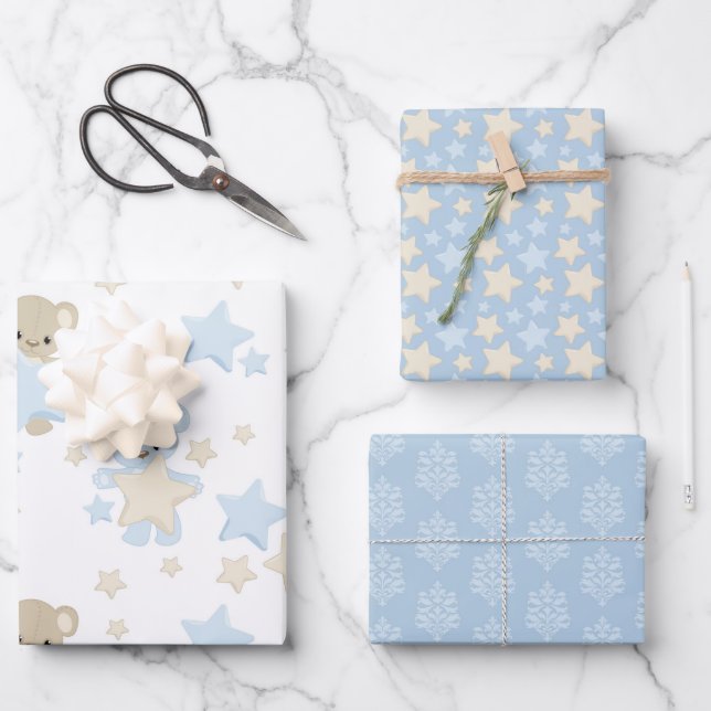 SHADES OF BLUE & TAN TEDDY BEARS & STARS WRAPPING PAPER SHEET (Front)