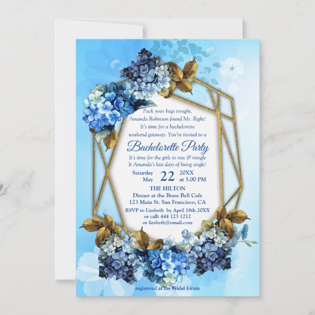 Shades of Blue Watercolor Hydrangeas Bachelorette Invitation (Front)