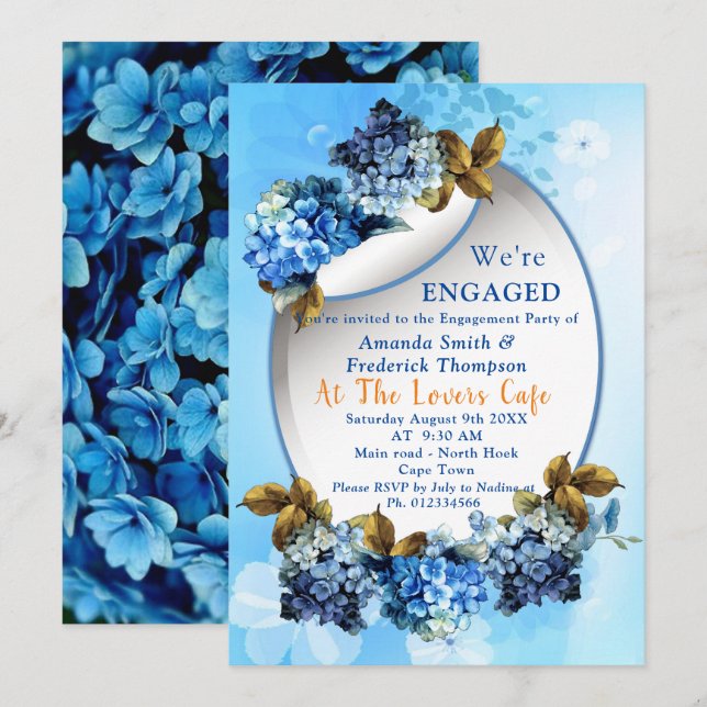 Shades of Blue Watercolor Hydrangeas Engagement Invitation (Front/Back)