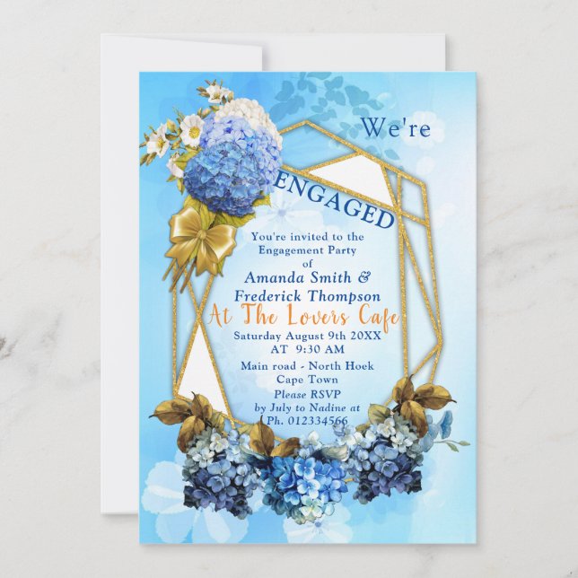 Shades of Blue Watercolor Hydrangeas Engagement Invitation (Front)