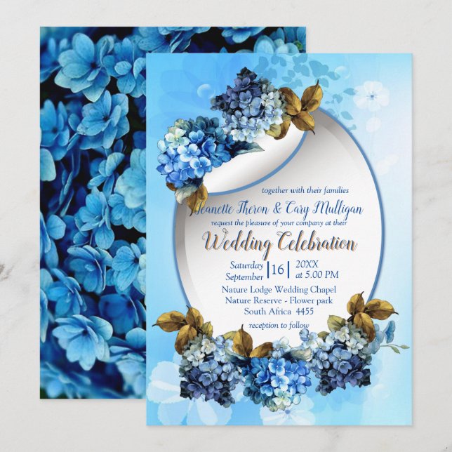 Shades of Blue Watercolor Hydrangeas Wedding Invitation (Front/Back)