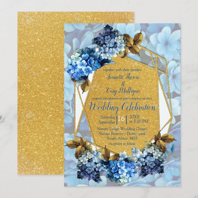 Shades of Blue Watercolor Hydrangeas Wedding Invitation (Front/Back)