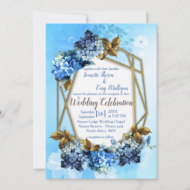 Shades of Blue Watercolor Hydrangeas Wedding Invitation (Front)