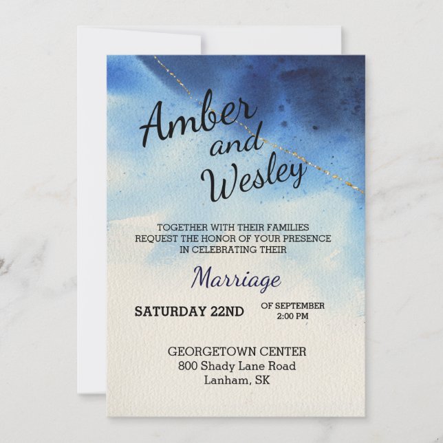 Shades of Blue Watercolor Wedding Invitation (Front)