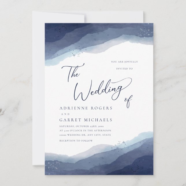 Shades Of Blue Watercolor Wedding Invitation (Front)