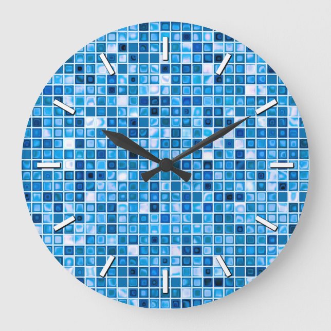 Shades Of Blue 'Watery' Mosaic Tiles Pattern Large Clock (Front)