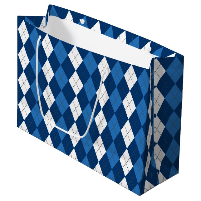 SHADES OF BLUE & WHITE DIAMOND PATTERNS LARGE GIFT BAG (Front Angled)