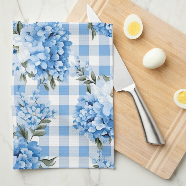 SHADES OF BLUE & WHITE PLAID PATTERN & FLOWERS TEA TOWEL (Quarter Fold)