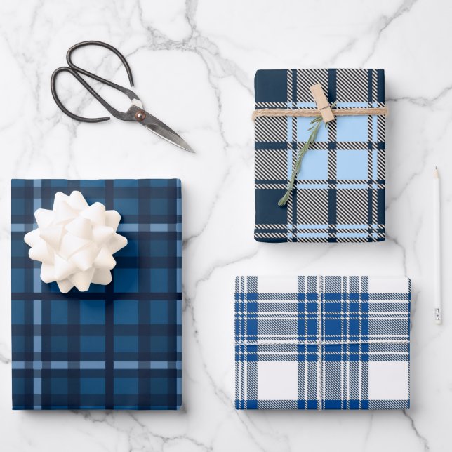 SHADES OF BLUE & WHITE PLAID PATTERNS WRAPPING PAPER SHEET (Front)