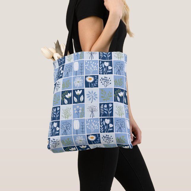 Shades of Blue, White, Yellow Faux Patchwork  Tote Bag (Close Up)