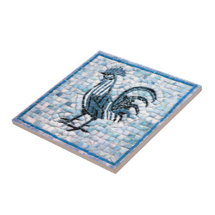 Shades of Blue with Black Mosaic Chicken Design Tile