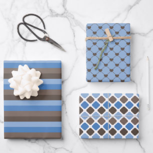 SHADES OF BROWN & BLUE PATTERNS WRAPPING PAPER SHEET