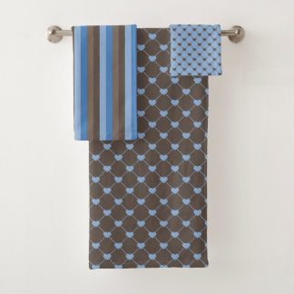 SHADES OF BROWN & BLUE TINY HEARTS & STRIPES BATH TOWEL SET