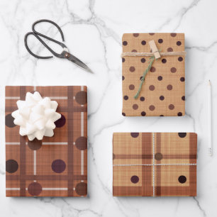 SHADES OF BROWN & WHITE POLKA DOTS & PLAIDS WRAPPING PAPER SHEET