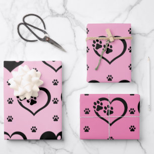 Shades of Complementary Pink Paw Hearts Wrapping Paper Sheet