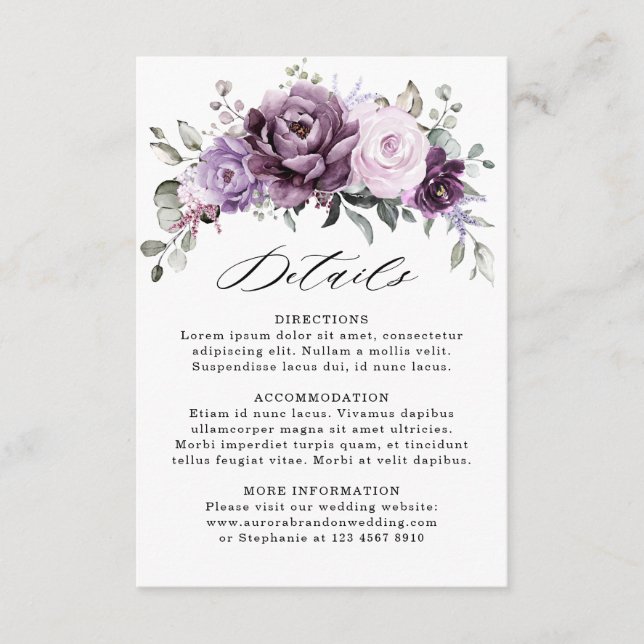 Shades of Dusty Purple Bloom Floral Wedding Detail Enclosure Card (Front)