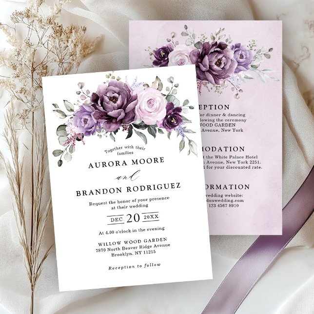 Shades of Dusty Purple Blooms  All in One Wedding Invitation (Shades of Dusty Purple Blooms All in One details on back Wedding Invitation)