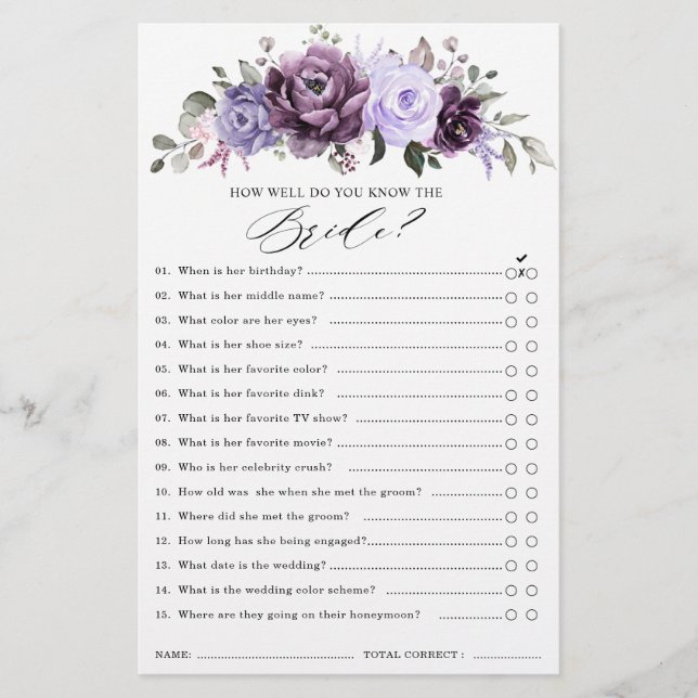 Shades of Dusty Purple Blooms Bridal Shower Game (Front)