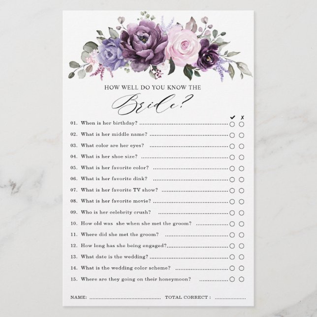 Shades of Dusty Purple Blooms Bridal Shower Game (Front)
