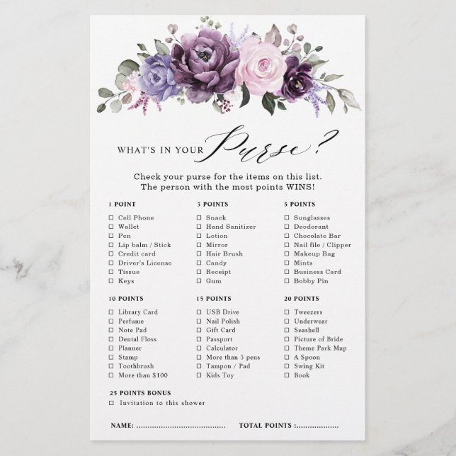 Shades of Dusty Purple Blooms Bridal Shower Game (Front)