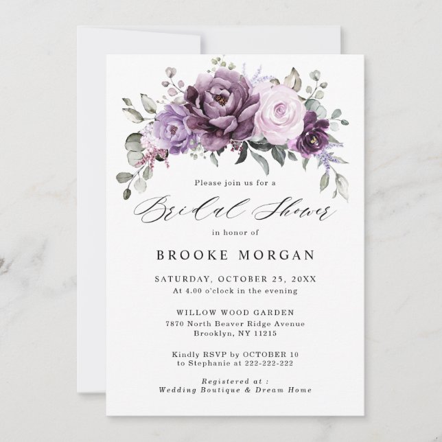 Shades of Dusty Purple Blooms Floral Bridal Shower Invitation (Front)