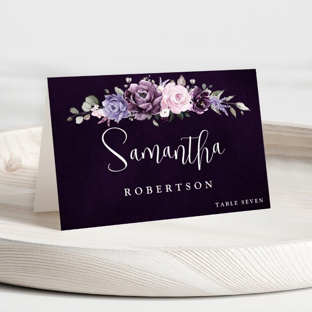 Shades of Dusty Purple Blooms Floral Guest Name Ta Table Number (Shades of dusty purple plum wedding place card with printed guest name)