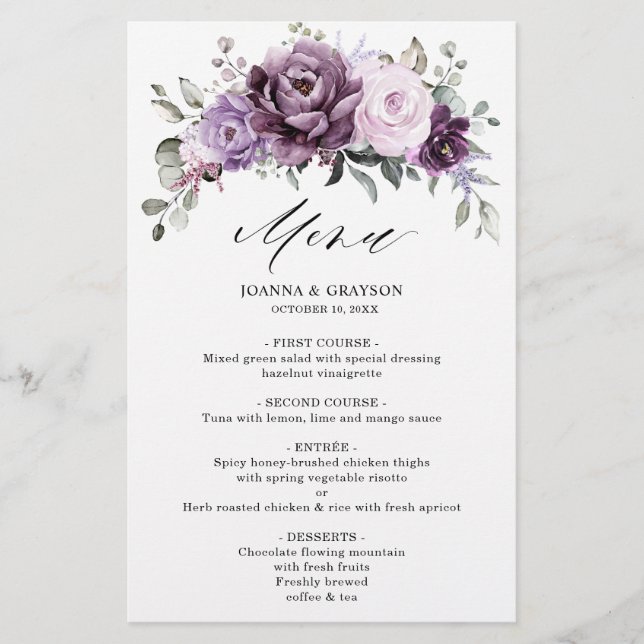 Shades of Dusty Purple Blooms Floral Wedding Menu (Front)