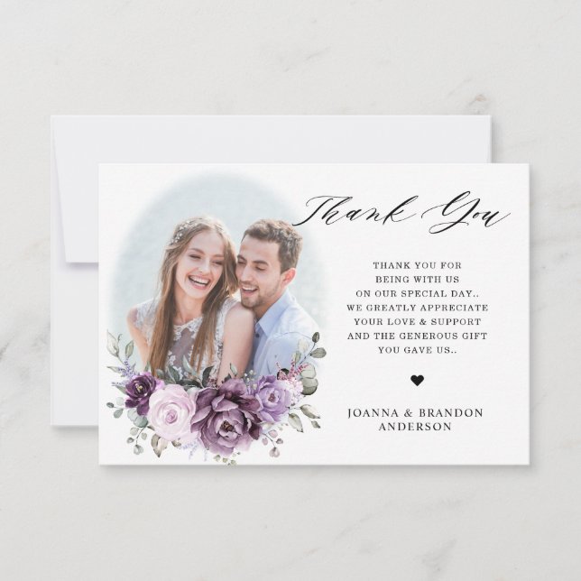 Shades of Dusty Purple Blooms Floral Wedding Photo Thank You Card (Front)