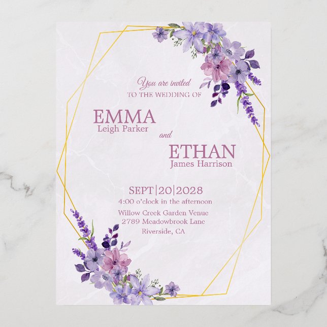 Shades of Dusty Purple Blooms Geometric Wedding  Foil Invitation Postcard (Front)