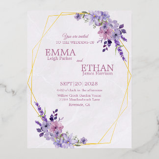 Shades of Dusty Purple Blooms Geometric Wedding  Foil Invitation Postcard