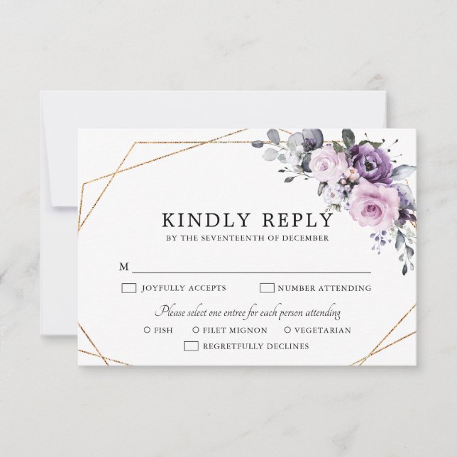Shades of Dusty Purple Blooms Geometric Wedding RS RSVP Card (Front)