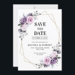Shades of Dusty Purple Blooms Geometric Wedding Sa Save The Date<br><div class="desc">Elegant and modern floral midsummer wedding save the date card features a bouquet of watercolor roses peonies in shades of purple plum, dusty rose, dusty pink , mauve, sage with lush green botanical leaves and eucalyptus with gold geometric background. Please find more matching designs and variations from my "blissweddingpaperie" store....</div>