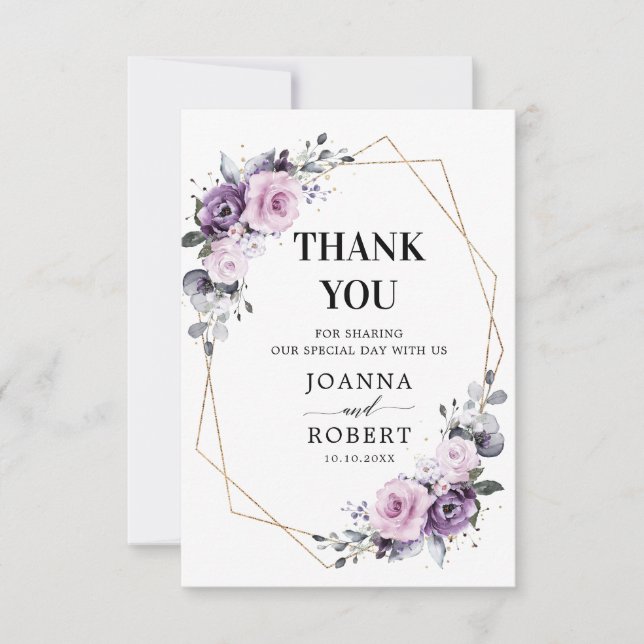 Shades of Dusty Purple Blooms Geometric Wedding Thank You Card (Front)