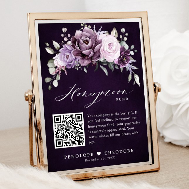 Shades of Dusty Purple Blooms  Honeymoon Fund Sign (Shades of dusty purple blooms floral honeymoon fund sign)
