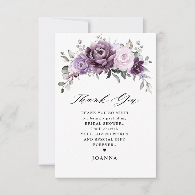 Shades of Dusty Purple Blooms Moody Bridal Shower Thank You Card (Front)