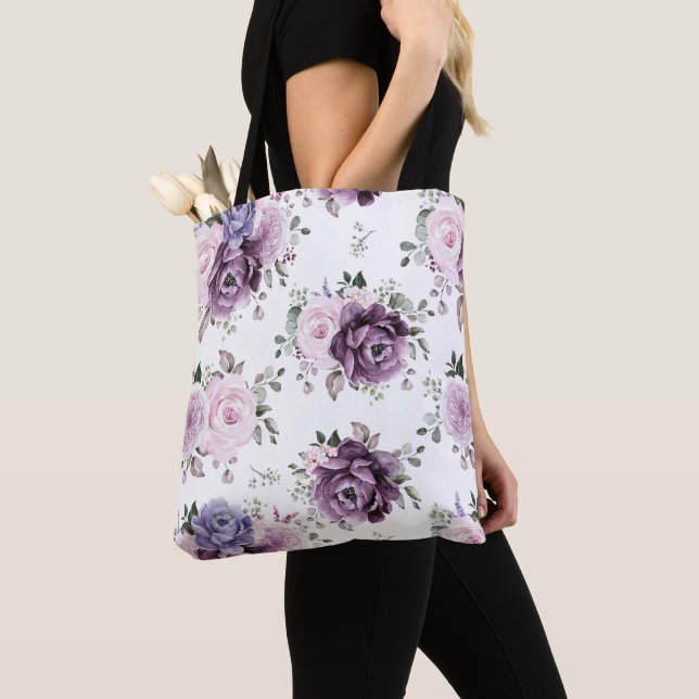 Shades of Dusty Purple Blooms Moody Floral Tote Bag (Close Up)