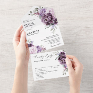 Shades of Dusty Purple Blooms Moody Floral Wedding All In One Invitation