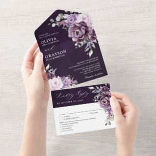 Shades of Dusty Purple Blooms Moody Floral Wedding All In One Invitation