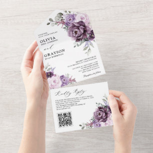 Shades of Dusty Purple Blooms Moody Floral Wedding All In One Invitation