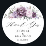 Shades of Dusty Purple Blooms Moody Floral Wedding Classic Round Sticker<br><div class="desc">Elegant and modern floral midsummer wedding thank you favour box label features a bouquet of watercolor roses peonies in shades of purple plum, dusty rose, dusty pink , mauve, sage with lush green botanical leaves and eucalyptus. Please find more matching designs and variations from my "blissweddingpaperie" store. And feel free...</div>