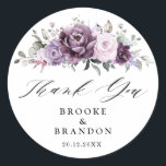 Shades of Dusty Purple Blooms Moody Floral Wedding Classic Round Sticker<br><div class="desc">Elegant and modern floral midsummer wedding thank you favour box label features a bouquet of watercolor roses peonies in shades of purple plum, dusty rose, dusty pink , mauve, sage with lush green botanical leaves and eucalyptus. Please find more matching designs and variations from my "blissweddingpaperie" store. And feel free...</div>