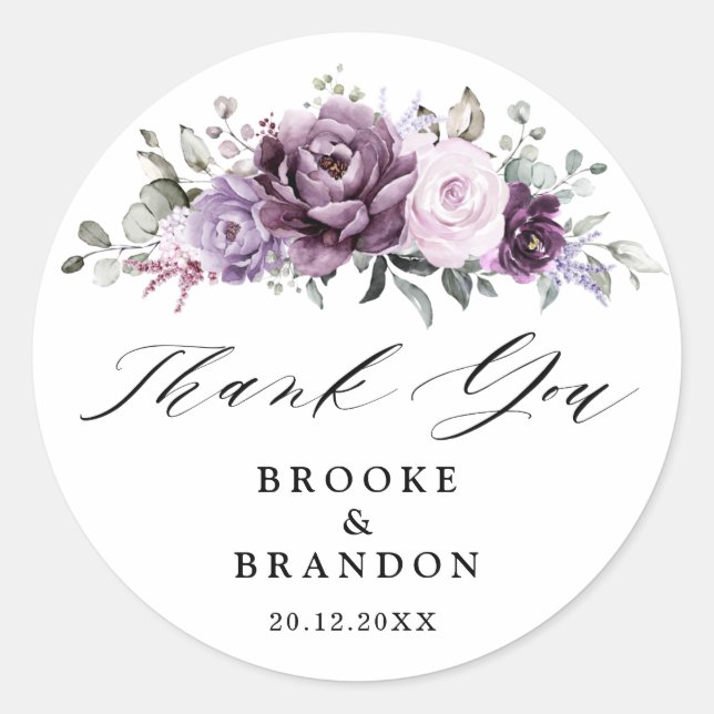 Shades of Dusty Purple Blooms Moody Floral Wedding Classic Round Sticker (Front)