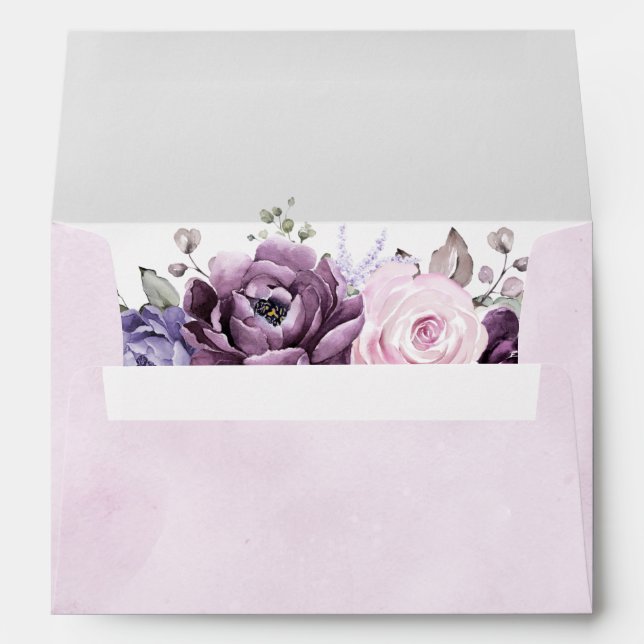Shades of Dusty Purple Blooms Moody Floral Wedding Envelope (Back (Bottom))