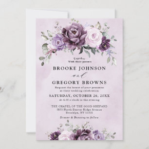Shades of Dusty Purple Blooms Moody Floral Wedding Invitation