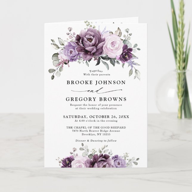 Shades of Dusty Purple Blooms Moody Floral Wedding Invitation (Front)